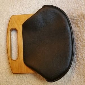 Vintage 70's style black leather purse, wooden handles, hinge closure EUC